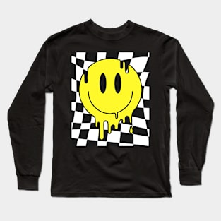 Retro Happy Face Shirt Checkered Pattern Smile Face Trendy Long Sleeve T-Shirt